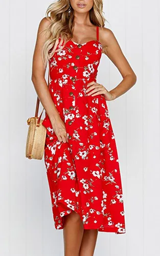 Vista 34 de Angashion - Vestido floral de verano estilo bohemio para mujer, con botones, bolsillos y tiras ajustables