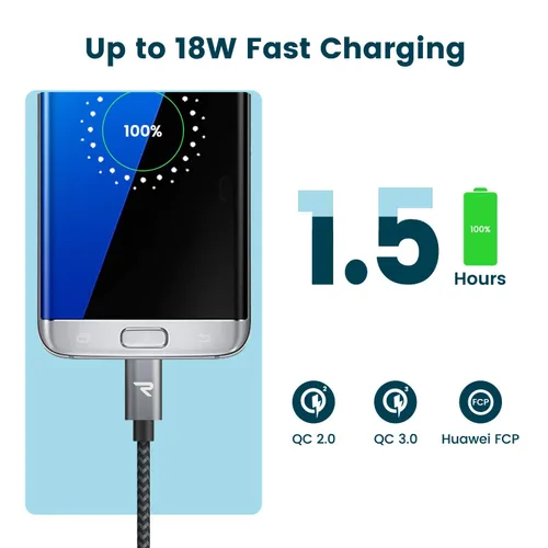 Vista 4 de RAMPOW - Cable micro USB [2 unidades/1 m] QC 3.0, cargador y sincronizador de carga rápida para Android, cables micro USB de nailon trenzado