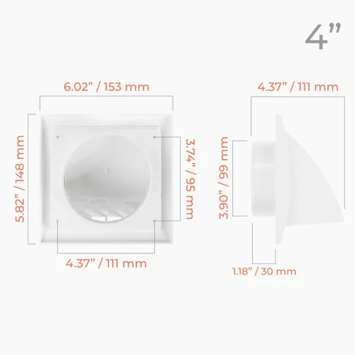 Vista 2 de Capucha de ventilación de plástico ABS blanco con solapa, ajuste de 4 pulgadas, para sistemas de ventilación de baño, cocina, lavandería y garaje