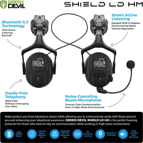 Vista 3 de Casco de seguridad con visera GREEN DEVIL con orejeras Bluetooth y faro 5 en 1 Protección completa Cascos de Construcción con ventilación Hardhat