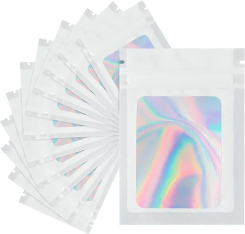 Vista 9 de joycraft 100 bolsas holográficas de tereftalato de polietileno, bolsas resellables a prueba de olores, bolsa para joyería, bolsa de papel
