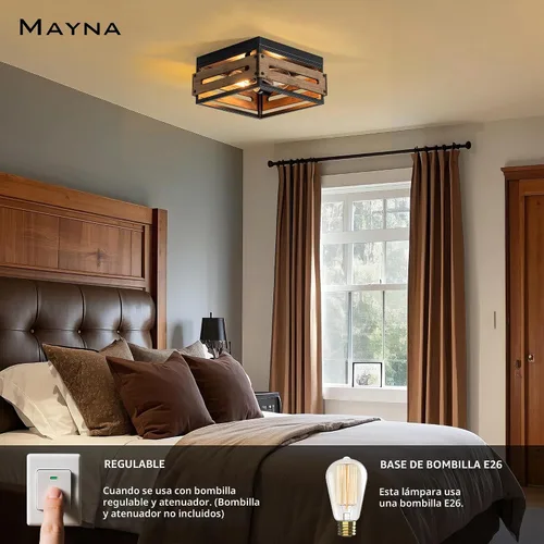 Vista 7 de MAYNA Lámpara de techo de granja, lámpara de techo rústica de 2 luces con montaje empotrado de metal y madera, accesorios de iluminación de pasillo