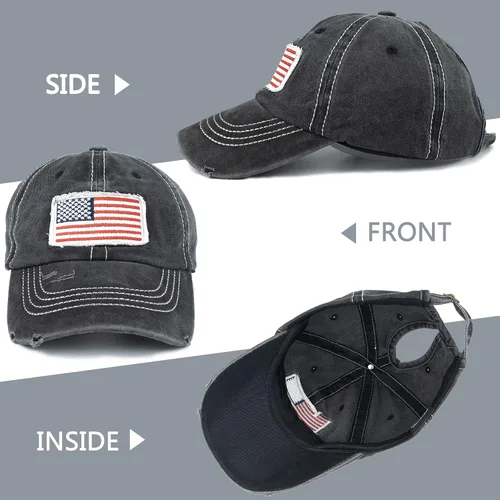 Vista 4 de Sombrero de cola de caballo desgastado para mujer, diseño de bandera americana, gorra de cola de caballo alta