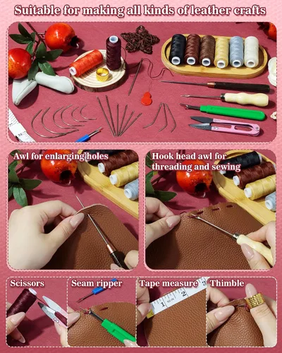 Vista 5 de PLANTIONAL Kit de costura de cuero de hilo encerado de 8 colores, kit de reparación de tapicería de 47 piezas con hilo encerado, punzón de costura