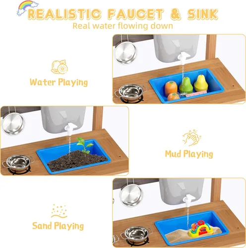 Vista 4 de Cocina de madera para niños, cocina de barro al aire libre con juego de agua y juguetes de cocina, juego en el patio trasero para niños de más de 3