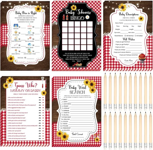 Vista 8 de Yinder 145 tarjetas de actividades para juegos de baby shower con 20 lápices, incluye descripción de bingo para bebés y deseos, adivina quién es
