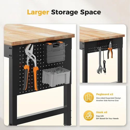 Vista 8 de CAMMOO Banco de trabajo ajustable de 96" de carga pesada, capacidad de carga de 2000 LBS, mesa de trabajo de madera de goma con tablero perforado