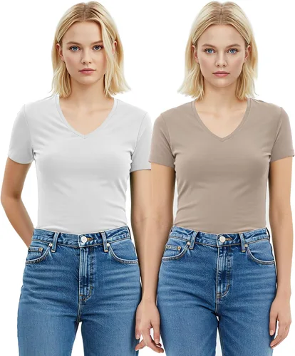 Vista 122 de Emmalise Camiseta de manga corta para mujer, cuello en V, tallas junior y plus