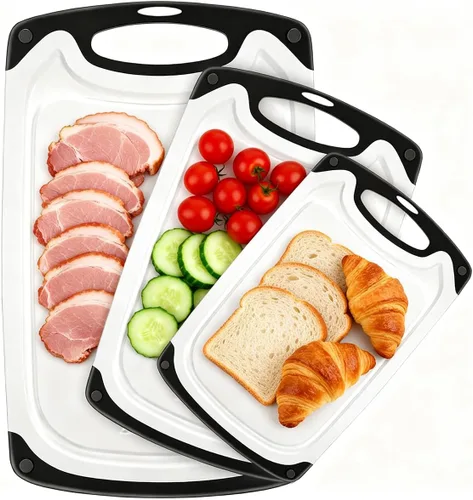 Vista 11 de Tabla de cortar de plástico, 3 tablas de cortar aptas para lavavajillas con ranuras para jugo, mango de fácil agarre, antideslizante, con área
