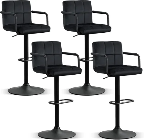 Vista 24 de Furniliving Taburetes de bar ajustables con respaldo, juego de 2 taburetes de bar negros, taburetes de bar de terciopelo con giro de 360°, taburetes
