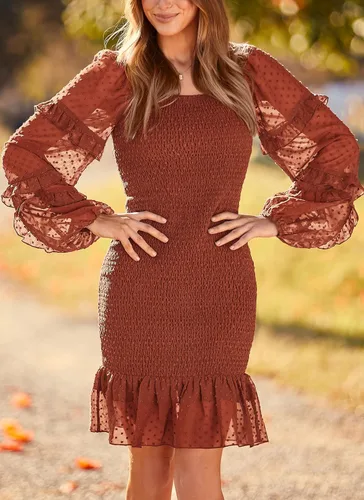 Vista 4 de PRETTYGARDEN Vestido corto ajustado fruncido para mujer, manga larga, cuello cuadrado, lunares suizos, volantes, vestido elegante de sirena
