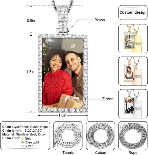 Vista 2 de TUHE Custom Picture Necklaces For Men Women 18K Gold Plated Personalized Photo Pendant Customized Diamond Square Engraved Silver Memorial Rip Chain