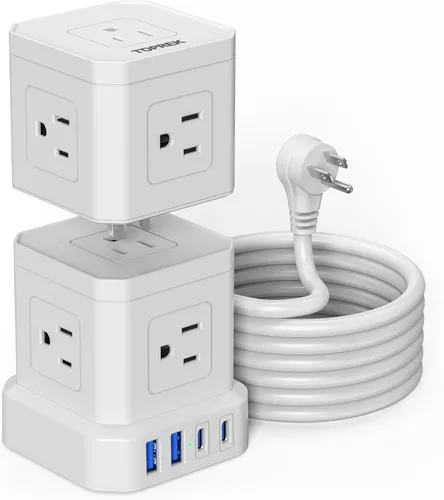 Vista 11 de Regleta de alimentación con USB-C (3.0A), protector de sobretensiones TOPREK (700J), cable de extensión de 10 pies con 5 CA y 4 USB, enchufe plano