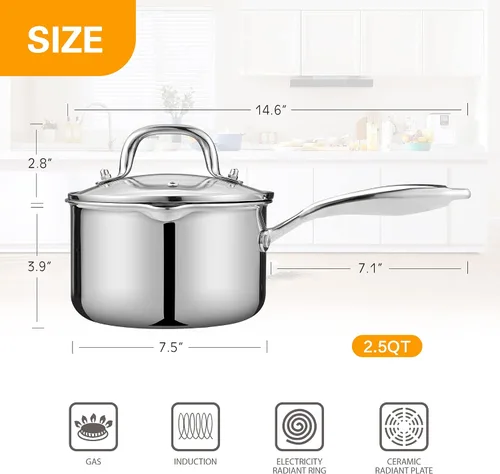 Vista 2 de Cacerola de acero inoxidable con tapa de vidrio templado, olla multiusos de 2.5 cuartos de galón, olla para verter fácilmente con mango ergonómico