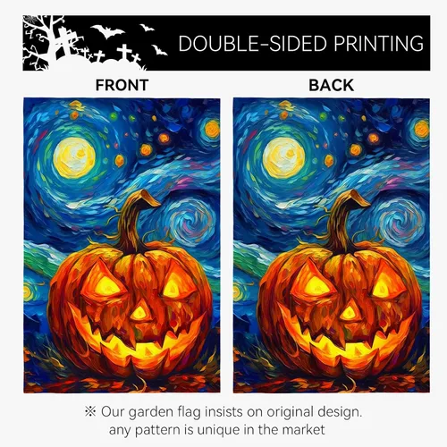 Vista 2 de Bandera de jardín de Halloween, bandera de jardín de calabaza Van Gogh, banderas de jardín, artes, cielo nocturno estrellado, luna, bandera