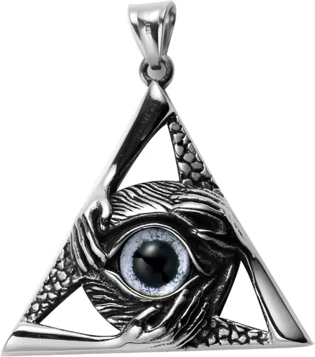 Vista 6 de Collar con dije de ojo malvado vintage de acero inoxidable con forma de triángulo para hombres y mujeres, cadena de 24 pulgadas