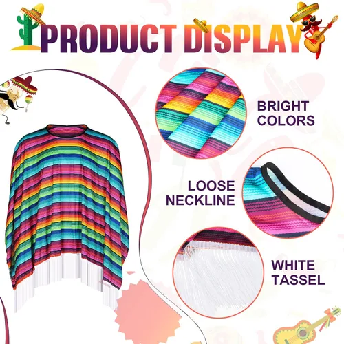 Vista 2 de Poncho de serape para fiesta mexicana del Cinco de Mayo, accesorio colorido para disfraz, divertido y festivo, poncho mexicano para hombre, disfraz