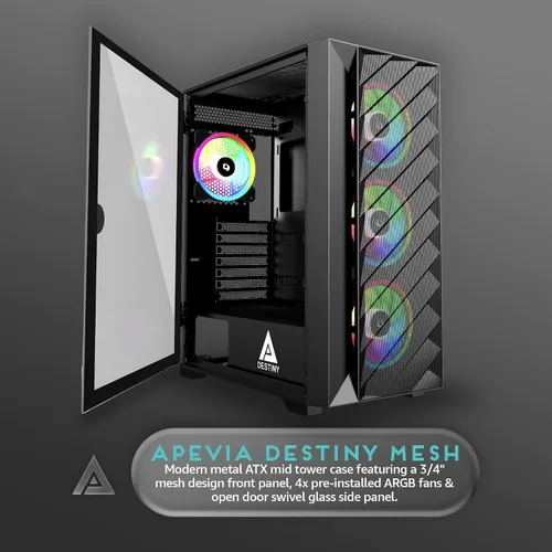 Vista 2 de Apevia Destiny-MESH-BK Destiny Mesh Carcasa para PC Gaming de Torre Media con 4 ventiladores ARGB de 120 mm, 366 modos de luz RGB, 1 panel frontal