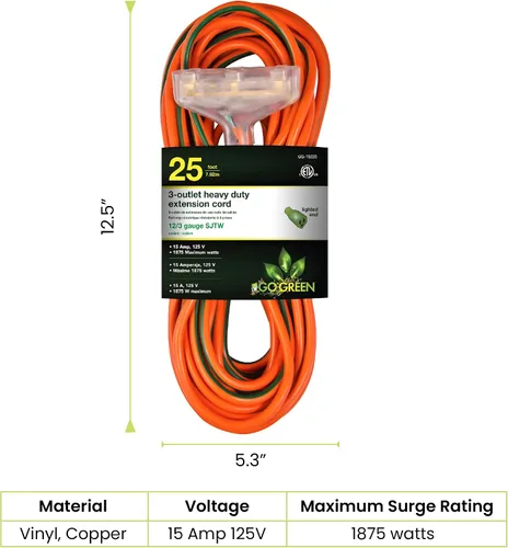 Vista 2 de GoGreen Power (GG-15225) Cable de extensión SJTW de 3 salidas de 12/3 de 25 pies, extremo iluminado, 25 pies
