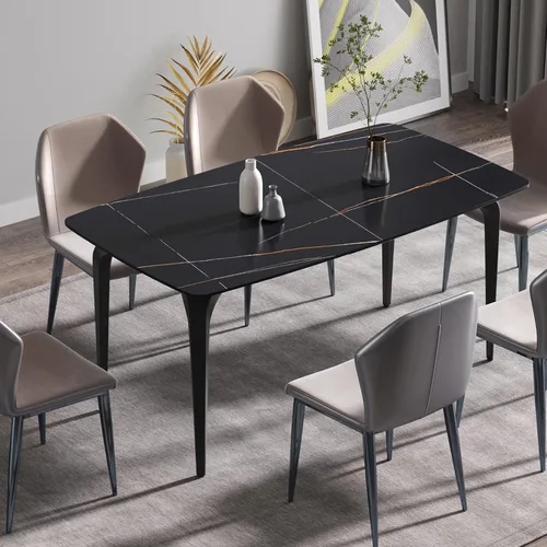 Vista 15 de Mesa de comedor de cocina de 63 pulgadas para comedor, cocina, comedor, espacio compacto con mesa de piedra sinterizada, 4 patas de metal negro