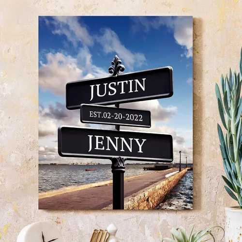 Vista 49 de CP CANVASPATH Letrero de calle con el nombre de la pareja y la fecha, impresiones personalizadas en lienzo del puente de Manhattan por la noche