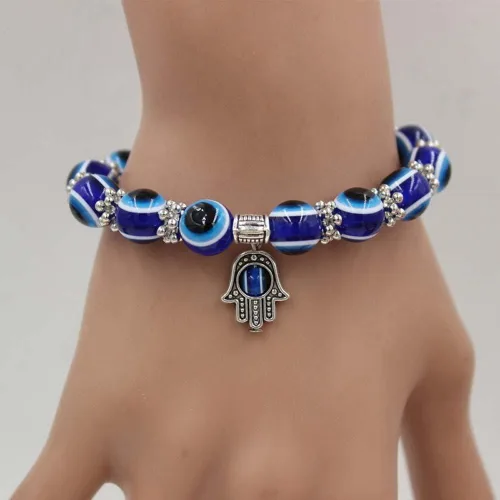 Vista 4 de Evil Eye Hamsa Blue Beaded Charm Stretch Bracelet Hand of Fatima Turkish Lucky Evil Eye Bracelet for Protection and Blessing