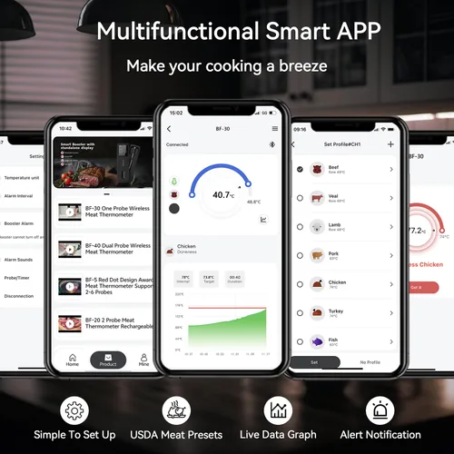 Vista 8 de BFOUR Termómetro de Carne Digital Inalámbrico con Amplificador LCD, Termómetro Bluetooth para Cocinar Alimentos con Aplicación Inteligente, Alcance