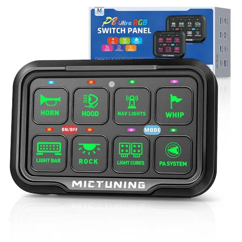 Vista 9 de MICTUNING Panel de interruptor de 12 cuadrillas P1S-B12 azul de alta potencia de 6 niveles de brillo de palanca/encendido/apagado momentáneo, caja