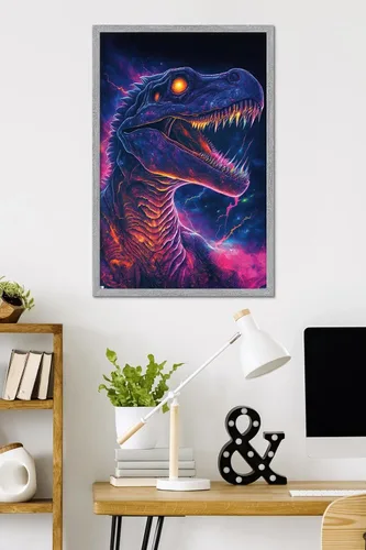 Vista 2 de Trends International Wumples - Neon Dinosaur Wall Poster, 34L x 22.4W, Gray Framed Version