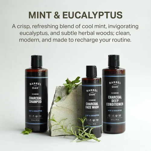 Vista 5 de Barrel & Oak Champú de carbón de menta y eucalipto para hombres, champú limpiador para hombres con extractos botánicos y aceites esenciales, cuidado