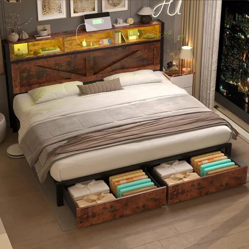 Vista 10 de Marco de cama matrimonial con cabecera y cajones de almacenamiento, color Luces LED y estación de carga, plataforma de metal, no necesita somier