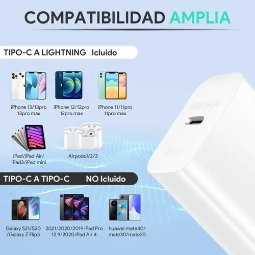 Vista 2 de Cargador Iphone Carga Rapida 20w Tipo C a Lightning
