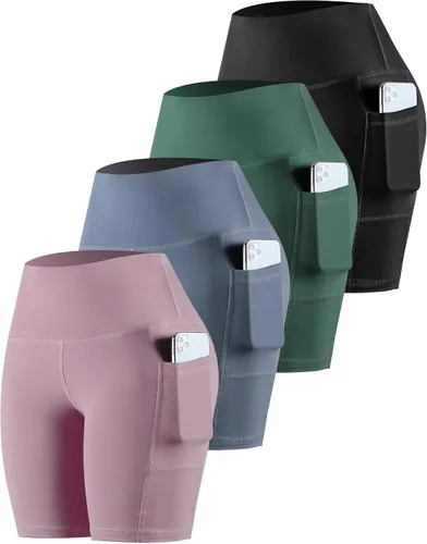 Vista 49 de CHRLEISURE - Pantalones cortos de ciclismo para mujer con bolsillos de licra, cintura alta, con control de abdomen para entrenamiento, yoga