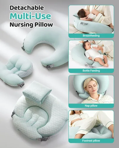 Vista 9 de Almohada de lactancia para lactancia materna, almohada de alimentación desmontable 3 en 1 con cojines de apoyo extraíbles, elevación suave para Verde
