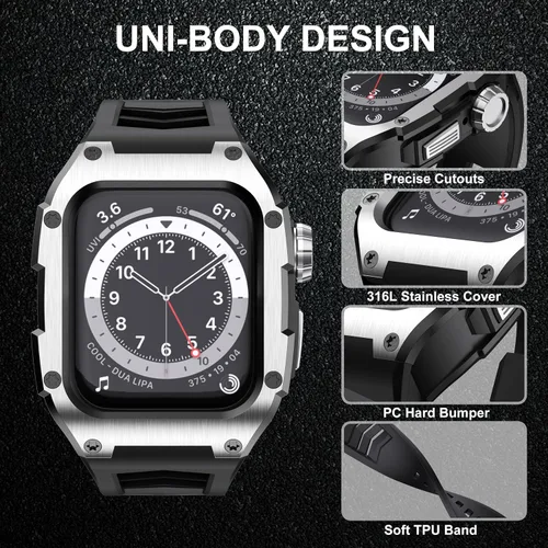 Vista 2 de Compatible con Correa de Reloj para Apple Watch de 44mm Correa Resistente para Hombre con Cubierta de Metal Inoxidable con Correa Militar a Prueba