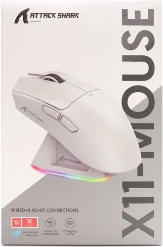 Vista 8 de ATTACK SHARK X11 Ultra-Light Triple Mode Gaming Mouse PAW3311 Sensor óptico 22K DPI 5 botones programables con soporte de carga magnético para Blanco