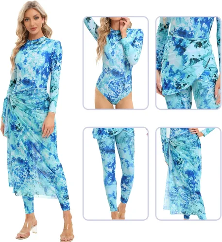 Vista 2 de IMEKIS Women Burkini Swimsuits Modest Muslim Swimwear Islamic Long Sleeve Full Cover Swim Pants Rash Guard Sarongs Cover Ups