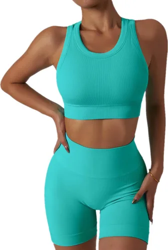 Vista 13 de Conjuntos de entrenamiento para mujer, 2 piezas, sin costuras, acanalada, sin mangas, brasier deportivo, cintura alta, pantalones cortos