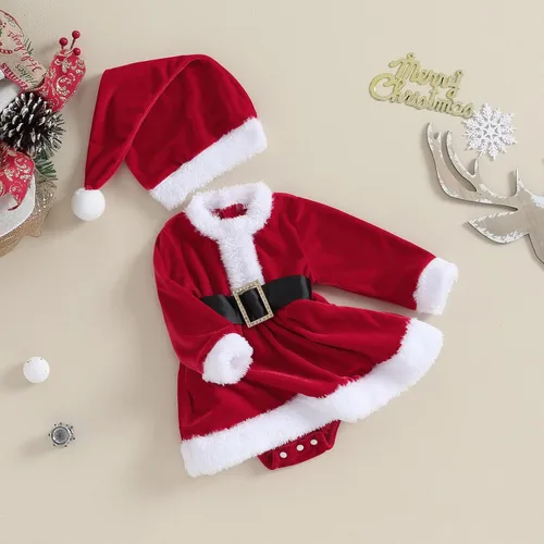 Vista 3 de Newbron - Mameluco de Navidad para niñas pequeñas, a cuadros, manga larga, acanalado, con cinturón, falda para San Valentín