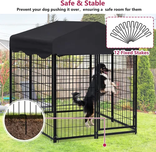 Vista 6 de Perrera para perros en el exterior, 4.5 x 4 x 4 pies, con techo para perros medianos y pequeños, jaula para perros al aire libre con cubierta