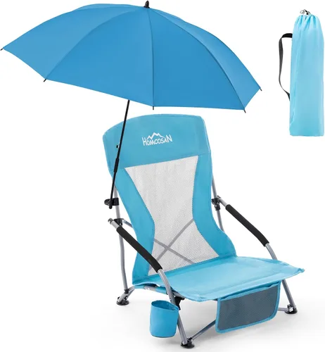 Vista 23 de Homcosan Silla de playa portátil baja plegable con paraguas desmontable, silla de campamento ligera para adultos con portavasos y bolsillo