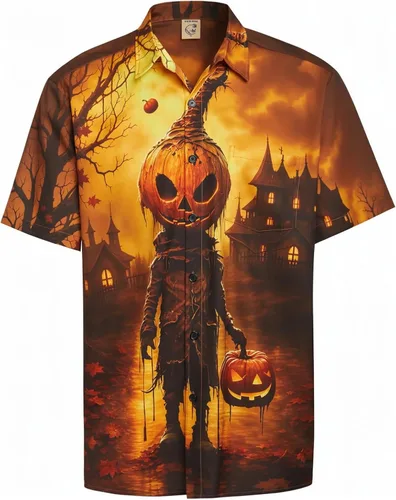 Vista 44 de Camisa de Halloween para Hombre de Hardaddy, de Manga Corta, con Botón, con Estampado Gracioso, Camisa Casual Negro