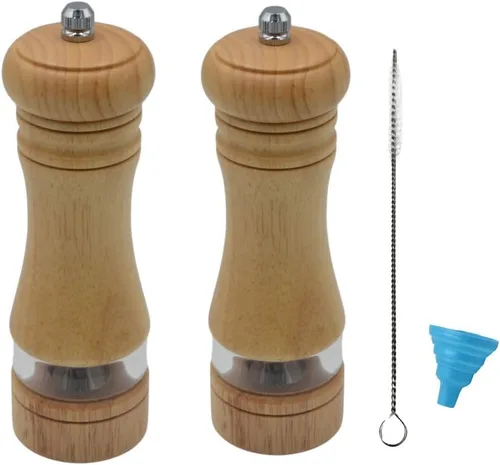 Vista 6 de Juego clásico de molinillo de sal y pimienta, molinos de sal y pimienta recargables, molinillo de sal manual de madera de roble, molinillo de Marrón