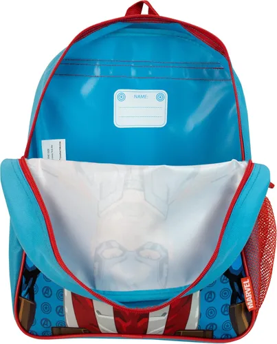 Vista 4 de Marvel Juego de mochila y lonchera para niños, Avengers Capitán América Azul, Azul Patchwork, Mochilas tradicionales