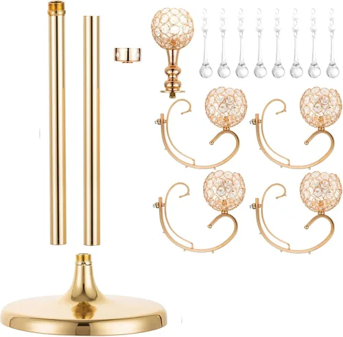 Vista 6 de Candelabro dorado para centros de mesa, 45.3 pulgadas de alto con 5 ramas con soporte de candelabro de cuentas de cristal para boda, pasillo