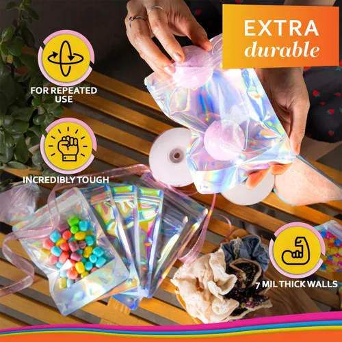 Vista 8 de 100 bolsas de Mylar iridiscentes resellables - Bolsas sellables con cierre hermético de 5 x 7 pulgadas, bolsas de pie sellables con cierre térmico