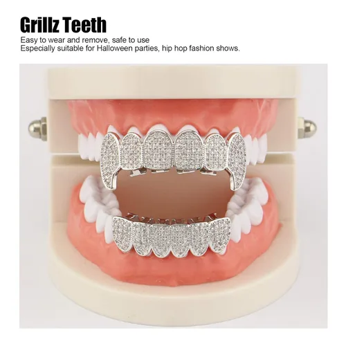 Vista 2 de Rejillas de dientes de cobre chapado en frío, oro plateado, dientes de diamante helados para hombres y mujeres rapero traje dientes joyería