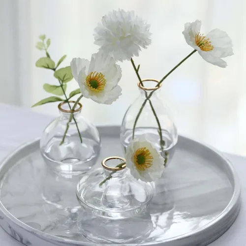 Vista 7 de Efavormart - Juego de 3 centros de mesa pequeños de cristal transparente con borde dorado metálico, jarrones florales modernos, varios tamaños