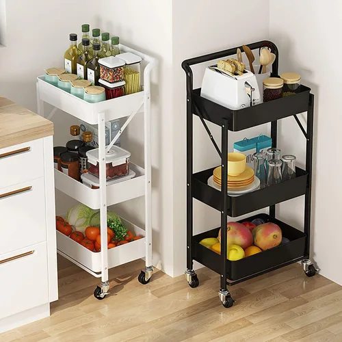 Vista 3 de BEEY Carrito de almacenamiento plegable de metal con ruedas, sin montaje, cesta de mercado de alambre de metal, organizador de almacenamiento Negro