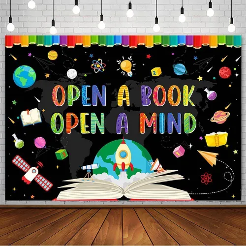 Vista 9 de AIBIIN Telón de fondo para fotografía del Día Mundial del Libro de 7 x 5 pies para fotografía Abrir un libro Abrir una mente Niños Estudiantes Aula